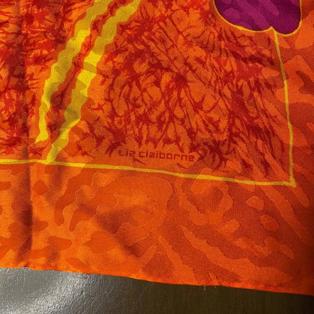 Liz Claiborne Vintage Square Scarf Tropical Floral Animal Print Orange Red Pink